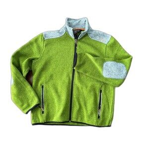 Orvis Mens Full Zipper Fleece Jacket Sz.L/Green-Gray/Elbow Patch/Inside Pockets